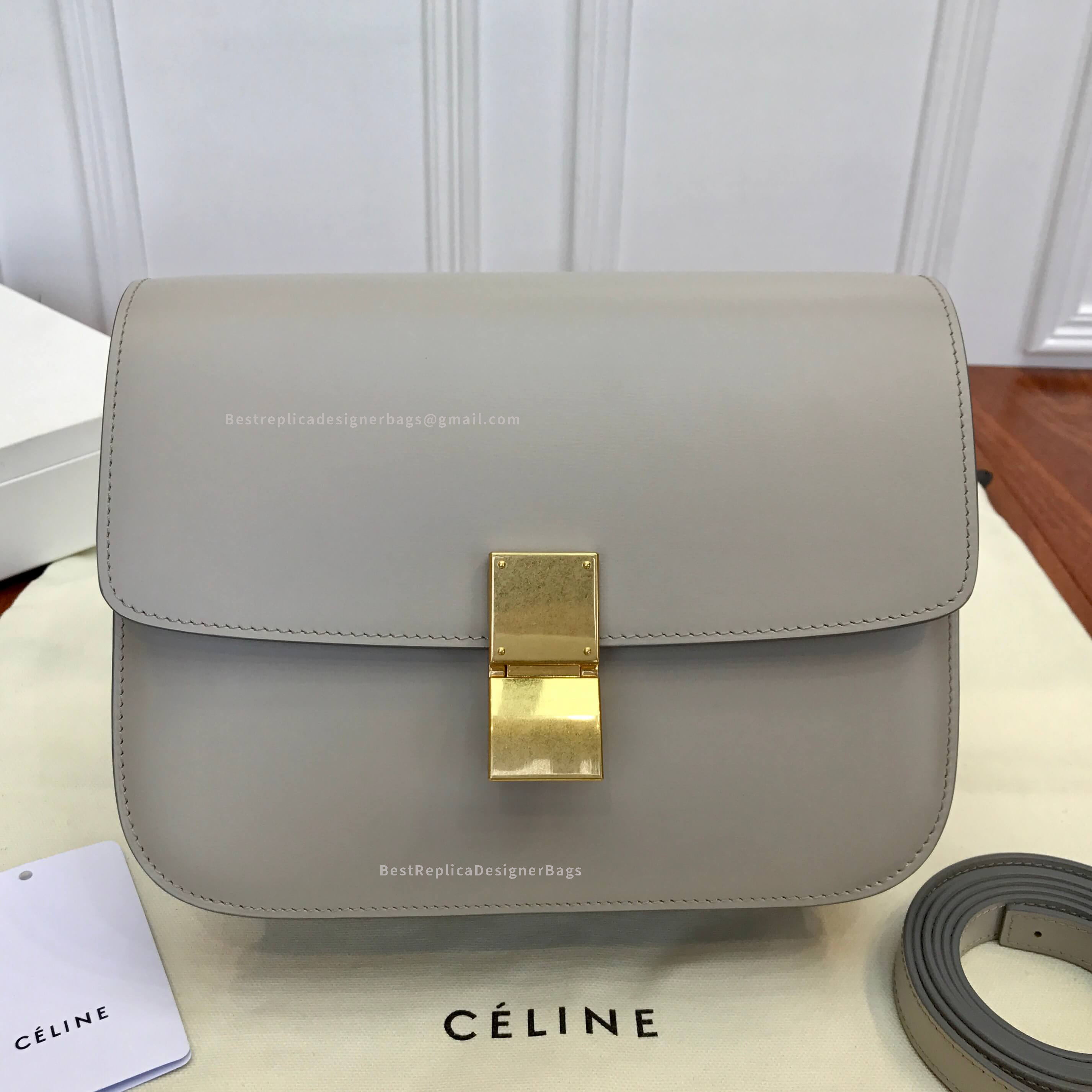 Celine Medium Classic Box Bag Pale Grey Calfskin - Best Celine Replica
